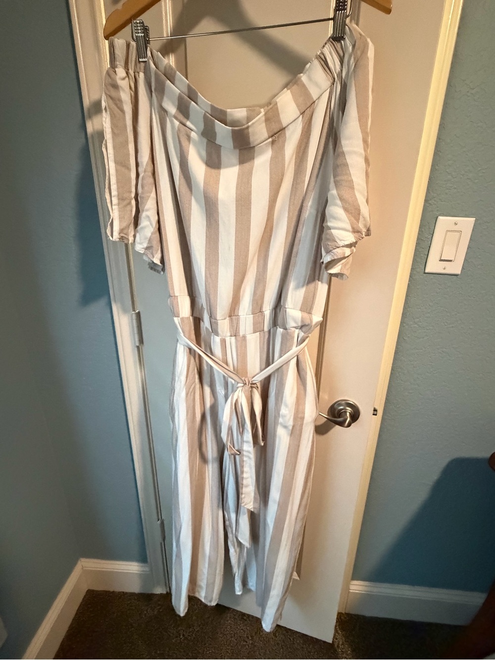City Chic Striped Off-Shoulder Jumpsuit in Cream and White